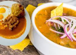 Imagen de los platos ecuatorianos, de bolón mixto con huevo y bistec; y del encebollado, los cuales están participando en el mundial de desayunos del streamer español, Ibai Llanos.