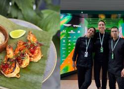 Foto composición en dónde se ve uno de los platos ecuatorianos presentados en el Gran Premio de Miami 2026 de la Fórmula 1 y a la chef Alejandra Espinoza (en medio) y a su equipo liderando esta experiencia