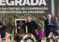 El presidente de Brasil, Luiz Inácio Lula da Silva (cd), acompañado de su homólogo de Colombia, Gustavo Petro (ci), y la vicepresidenta de Ecuador, María José Pinto (4d).