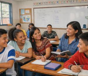 Imagen referencial de docente universitaria y estudiantes bajo un programa de vinculación académica.