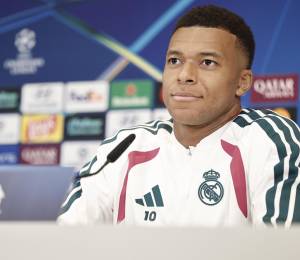 Kylian Mbappé, jugador del Real Madrid, en rueda de prensa.