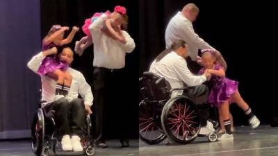 Padre en silla de ruedas conmueve al bailar con su hija en una presentación escolar Padre en silla de ruedas conmueve al bailar con su hija en una presentación escolar
