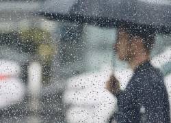 Persona debajo de la lluvia mientras se cubre con el paraguas.