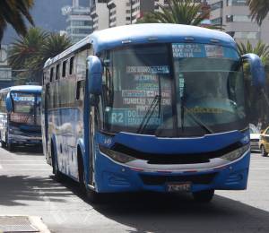 Fotografía de un bus de transporte público recorriendo Quito.