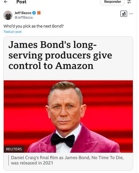 $!Jeff Bezos abrió la conversación para elegir al nuevo agente 007, James Bond, a través de su perfil de la red social X.