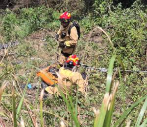 Fotografía que muestra a dos bomberos durante las labores de rescate de los cuerpos.