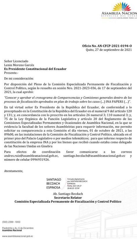 $!Notifican al expresidente Moreno por caso 'Ina Papers' y bienes en Ginebra