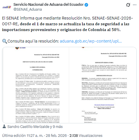 $!Senae oficializó el incremento de aranceles a Colombia.