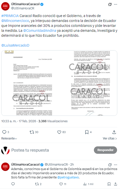$!Caracol Radio informó de la acción de Colombia contra los aranceles de Ecuador.
