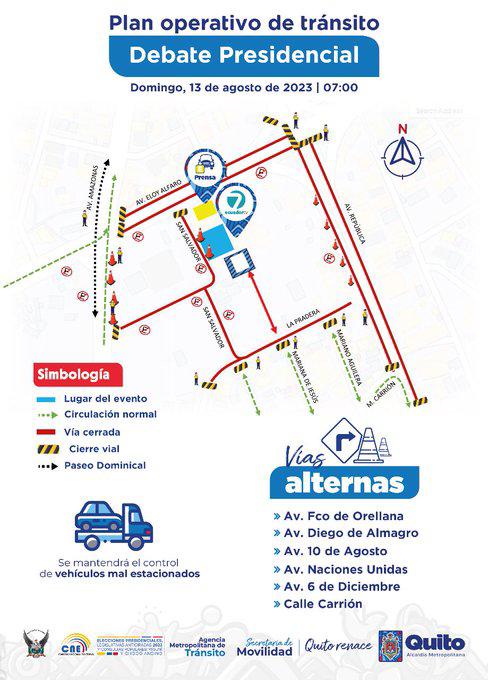 $!Debate presidencial: informan las calles cerradas en Quito por seguridad de los candidatos