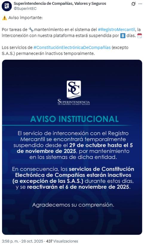 $!La Superintendencia de Compañías también informó sobre mantenimiento.