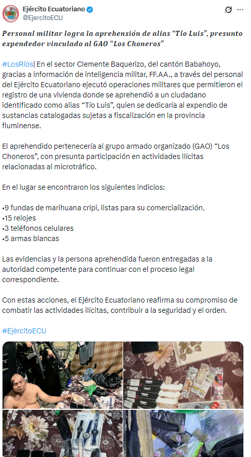 $!Las FF.AA. informaron sobre la captura de 'Tío Luis'.