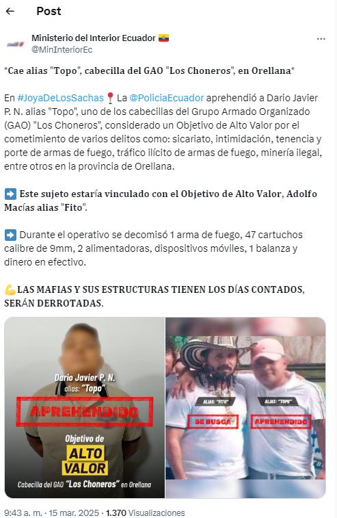 $!Noticia de la captura de alias 'Topo' divulgada por el Ministerio de Interior.
