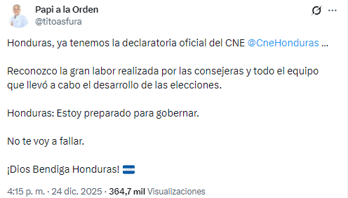 $!Declaraciones de Asfura en X tras su victoria.