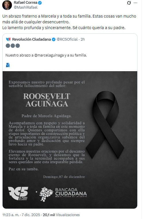 $!Rafael Correa expresó sus condolencias a Marcela Aguiñaga.
