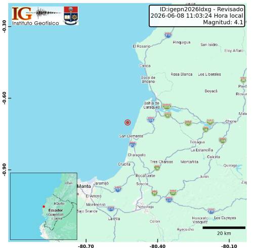Sismo localizado a 14.35 km de Bahía de Caráquez, Manabí.