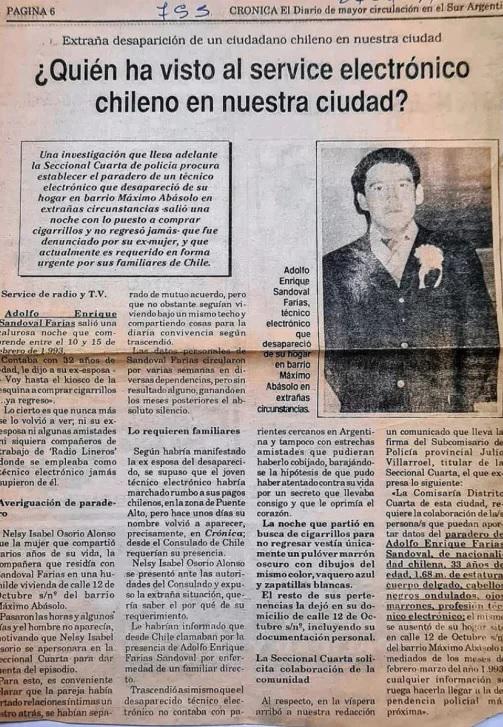 $!Publicación del diario sobre la desaparición de Adolfo Enrique Sandoval Farías.