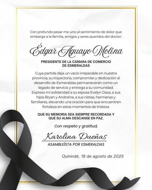 $!La asambleísta de Esmeraldas, Karolina Dueñas, compartió una nota de pesar.