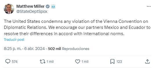 $!Matthew Miller, portavoz del Departamento de Estado de Washington reaccionó ante la crisis diplomática entre Ecuador y México.