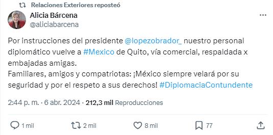 $!La canciller mexicana, Alicia Bárcena, informó de la salida de los funcionarios a través de la red social X.
