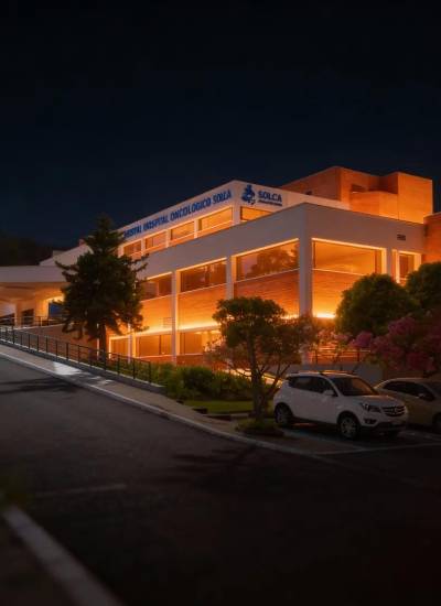 Exteriores de Solca Quito, iluminados de naranja.