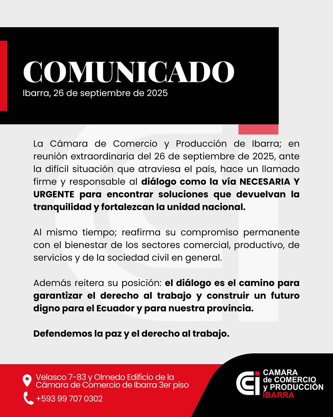 Pronunciamiento de la Cámara de Comercio de Ibarra 