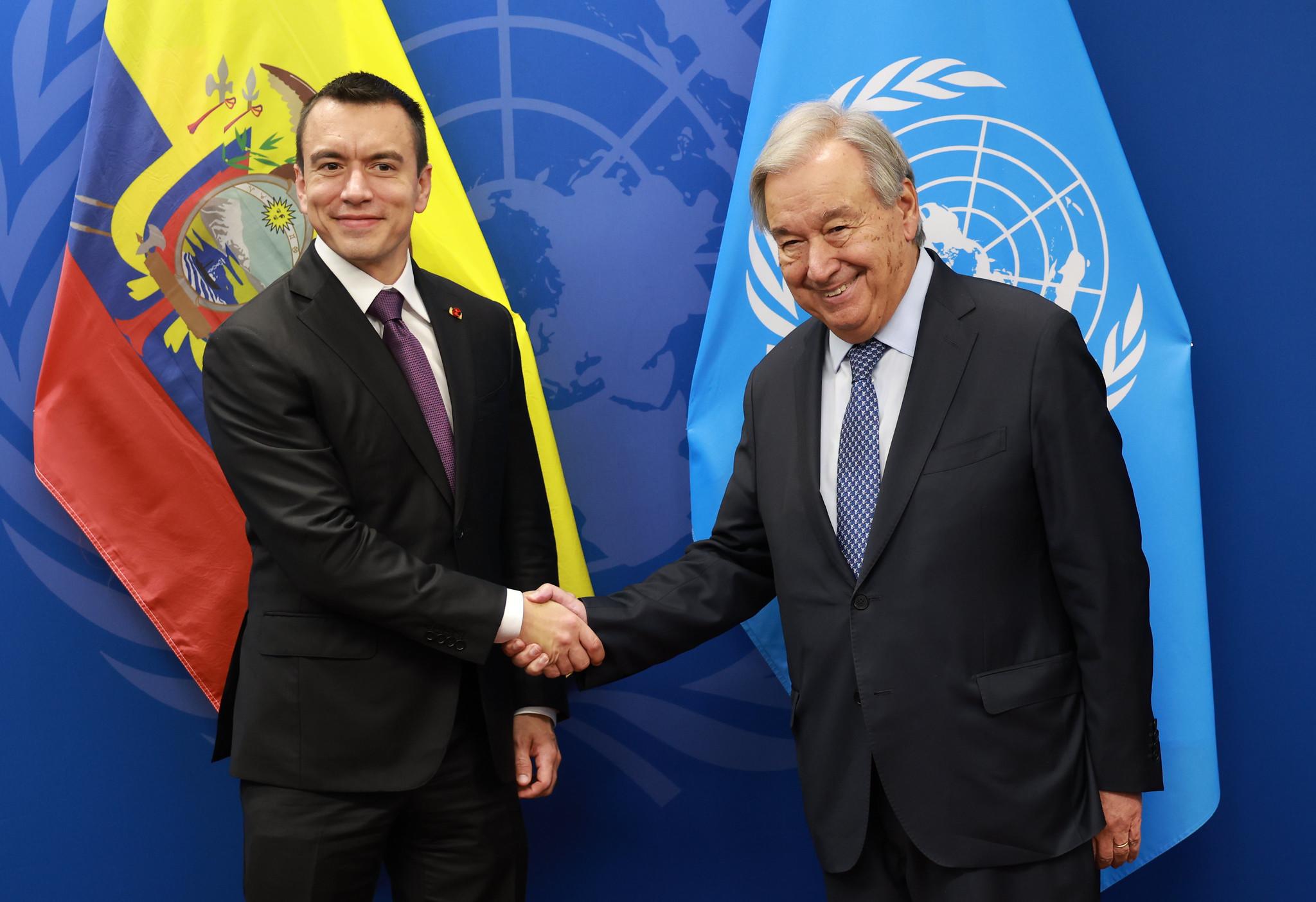 Noboa se reúne con Antonio Guterres y plantea respuesta internacional coordinada contra el crimen