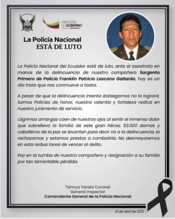 $!Homenaje a Franklin Lascano, policía fallecido en Guayaquil.