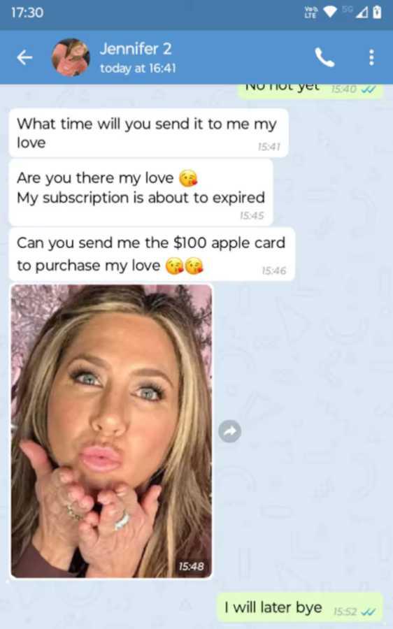$!La supuesta “Jennifer Aniston” pidió al hombre 200 libras en tarjetas de regalo, y él accedió a enviarlas.