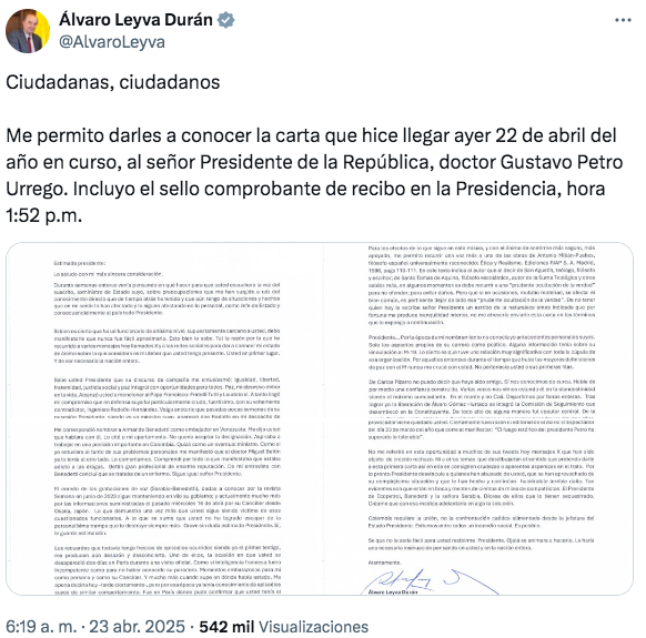 $!Carta de Álvaro Leyva.