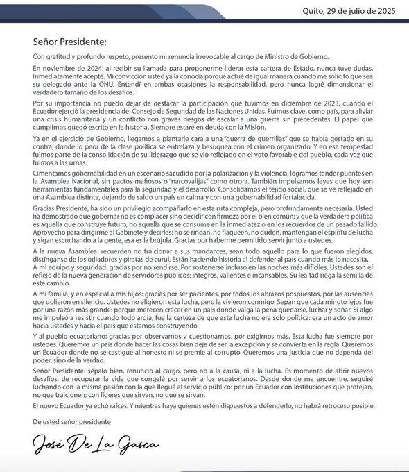 $!La carta de José De La Gasca.
