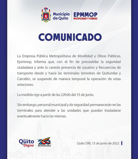 $!Terminales terrestres en Quito suspenden temporalmente sus operaciones, debido a protestas