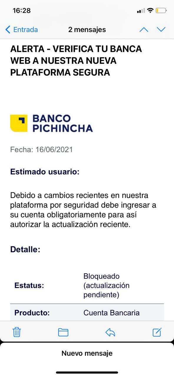 $!Captura de pantalla de una supuesta actualización que debe hacer el usuario, que no corresponde a Banco del Pichincha.