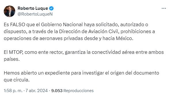 $!Ministro del MTOP aseveró que comunicado que detalla prohibición de vuelos desde y hacia México es falsa.