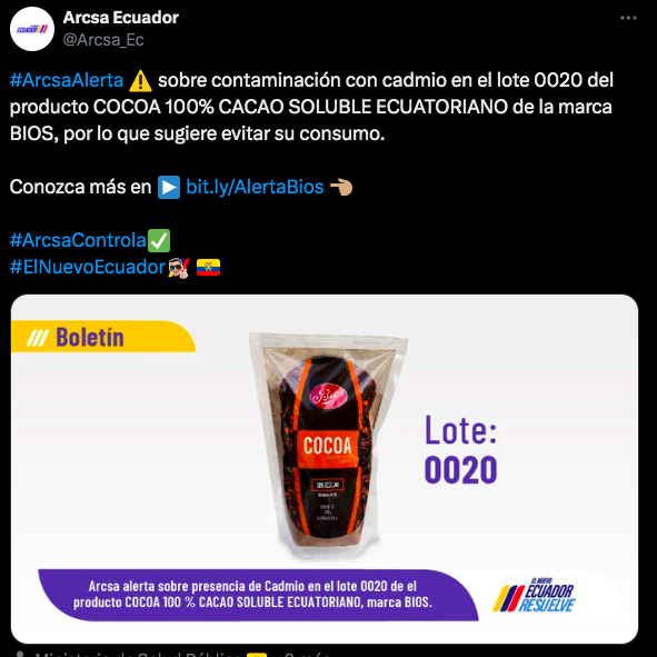$!Arcsa detectó cadmio en un lote de cocoa.