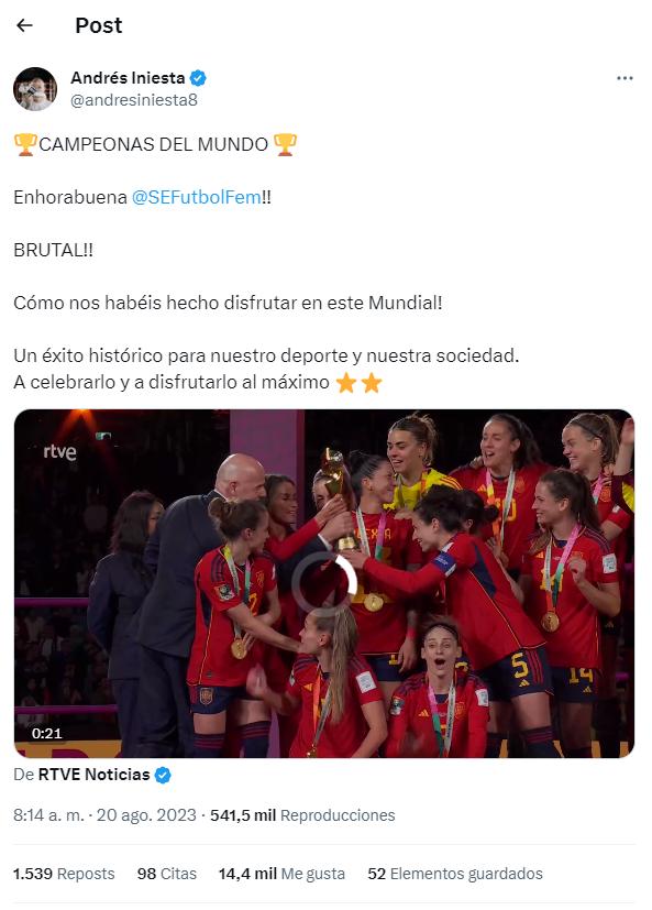 $!Andrés Iniesta felicita a la selección española en sus redes.