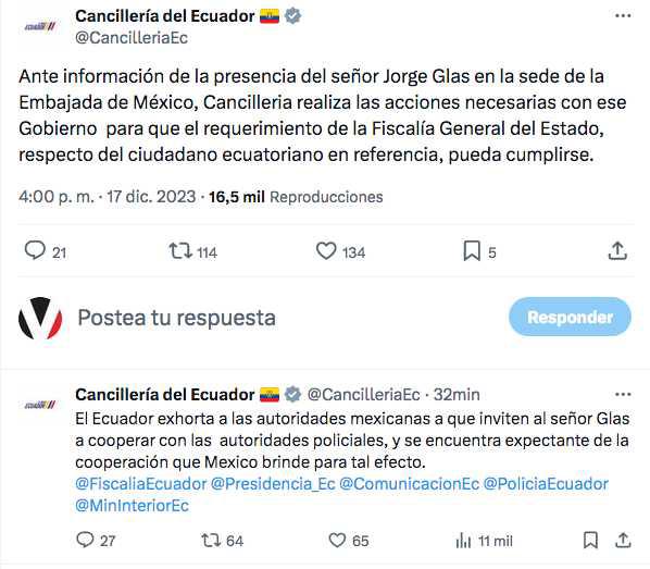 $!Comunicado de la Cancillería en el que se menciona que el exvicepresidente Jorge Glas se encuentra en la Embajada de México.