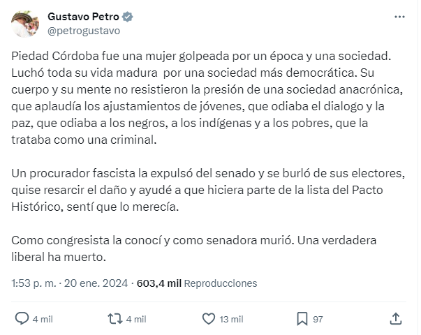 $!El presidente colombiano Gustavo Petro lamentó el fallecimiento de Córdoba en redes sociale.