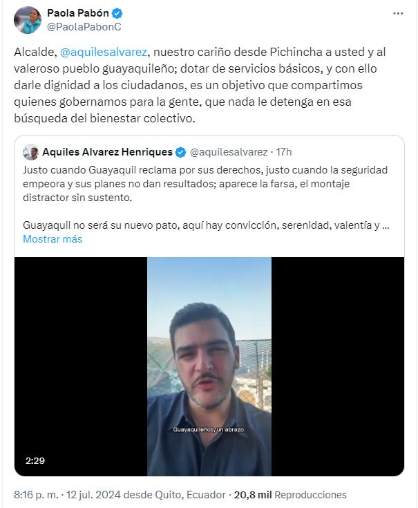 $!Paola Pabón, prefecta de Pichincha, ensalzó la labor de Alvarez en Guayaquil.