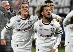 Agustin Canobbio y Guga celebrando la clasificación de Fluminense a semifinales de la Copa Libertadores 2026.