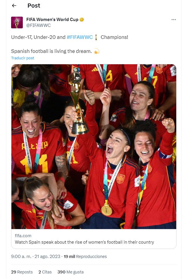 $!La Fifa Women´s World Cup vía twiter publicó a las campeonas Españolas.