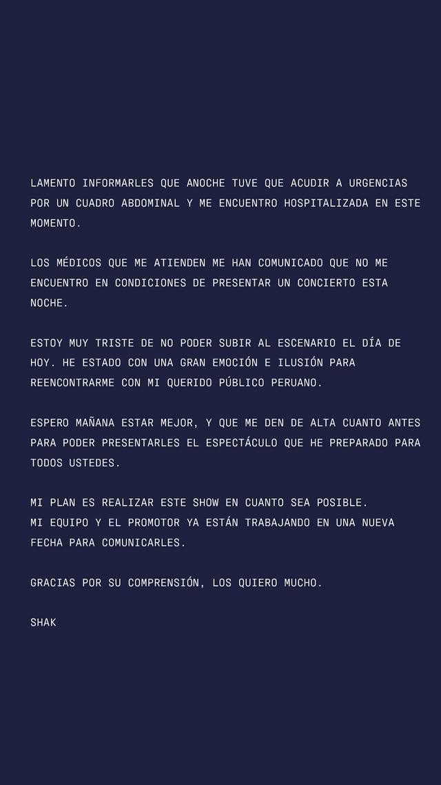 $!Captura de pantalla del mensaje de Shakira a sus seguidores tras confirmar estado de salud.