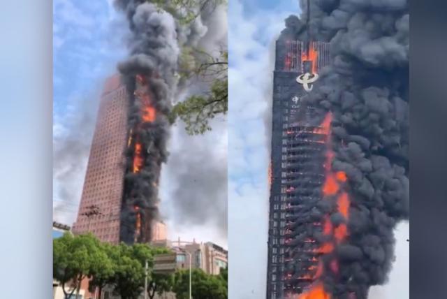 VIDEO: se registra incendio que arrasa un rascacielos en China, de más de 200 metros de altura
