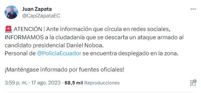 $!Tiroteo sin víctimas durante el cierre de campaña de Daniel Noboa no fue un atentado en su contra, asegura ministro del Interior