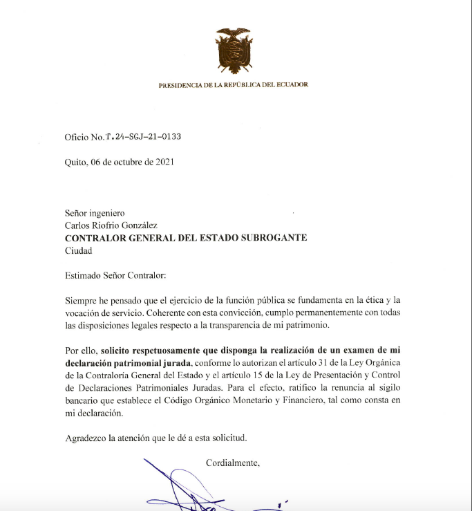 $!Guillermo Lasso pide al contralor del Estado que verifique su declaración patrimonial