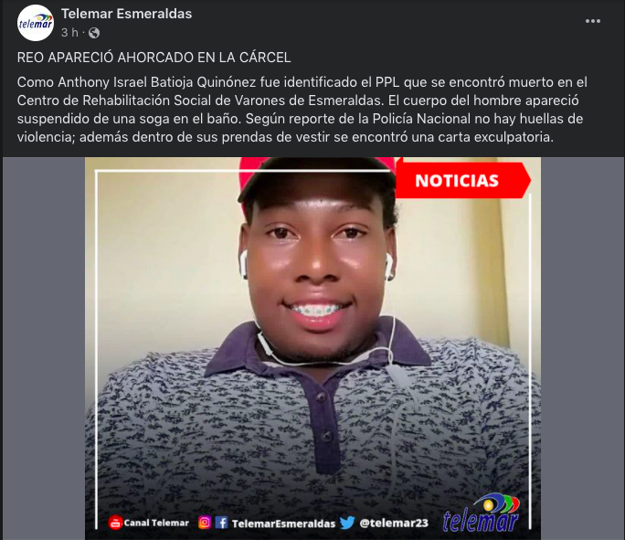 $!Encuentran a un reo muerto en cárcel de Esmeraldas, se trataría de un suicidio
