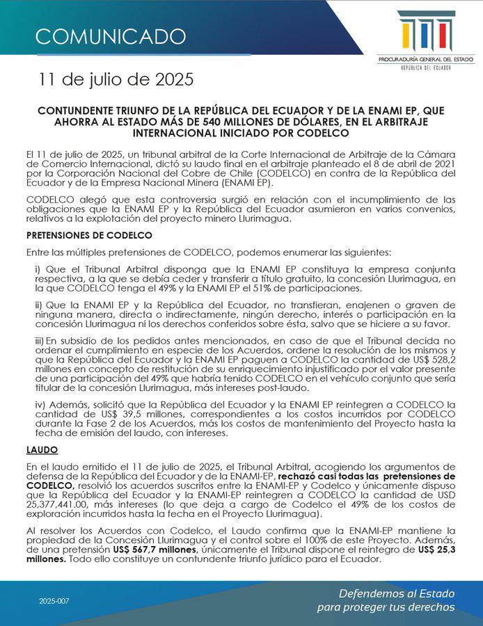 $!Comunicado oficial de la Procuraduría de Ecuador, emitido el 11 de julio de 2025.