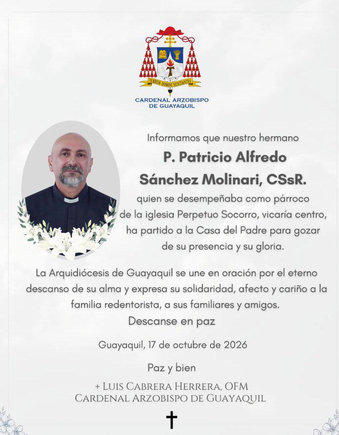 $!Sacerdote muere tras caerle una cruz durante una misa en Guayaquil; la Arquidiócesis confirmó su fallecimiento