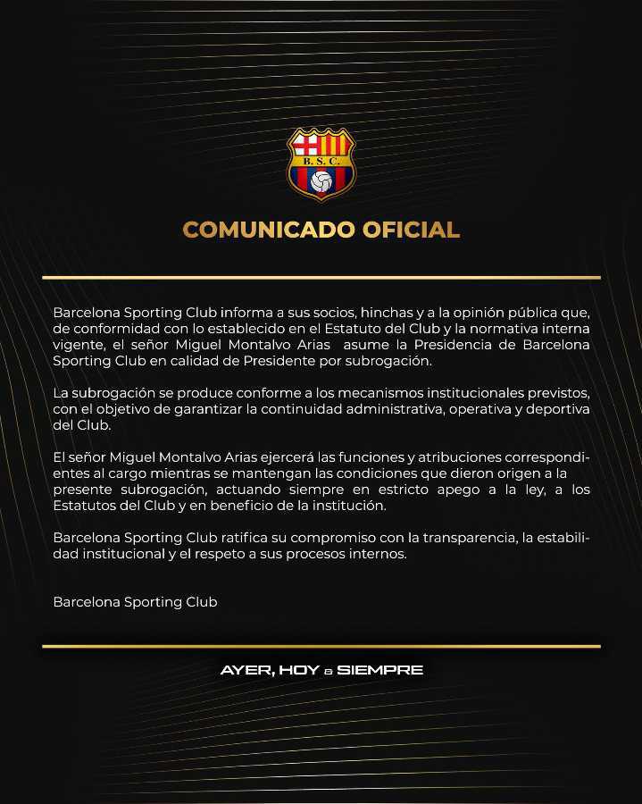 $!Comunicado de Barcelona Sporting Club sobre la designación del presidente subrogante.