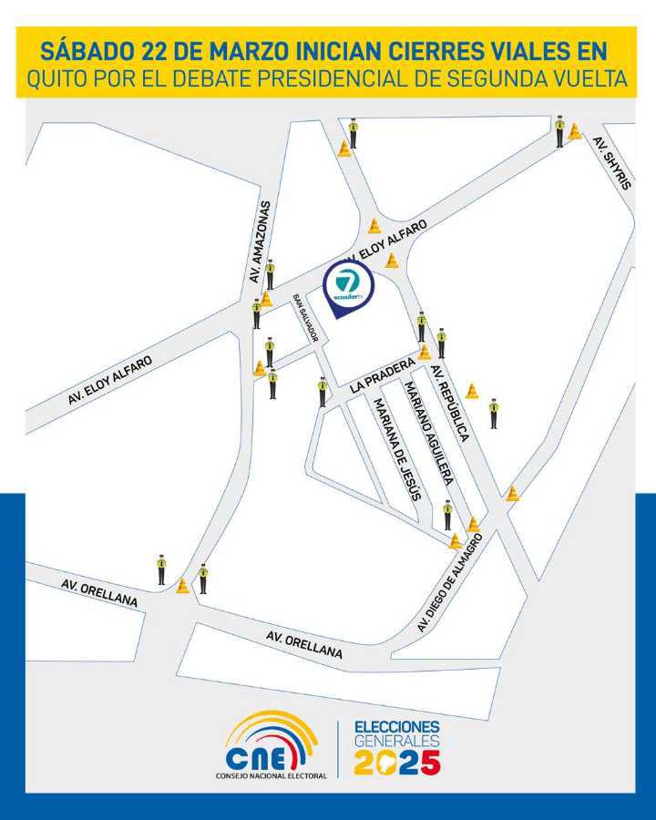 $!El CNE difundió un mapa de las calles que se cerrarán en el norte de Quito por el Debate Presidencial de Segunda Vuelta.